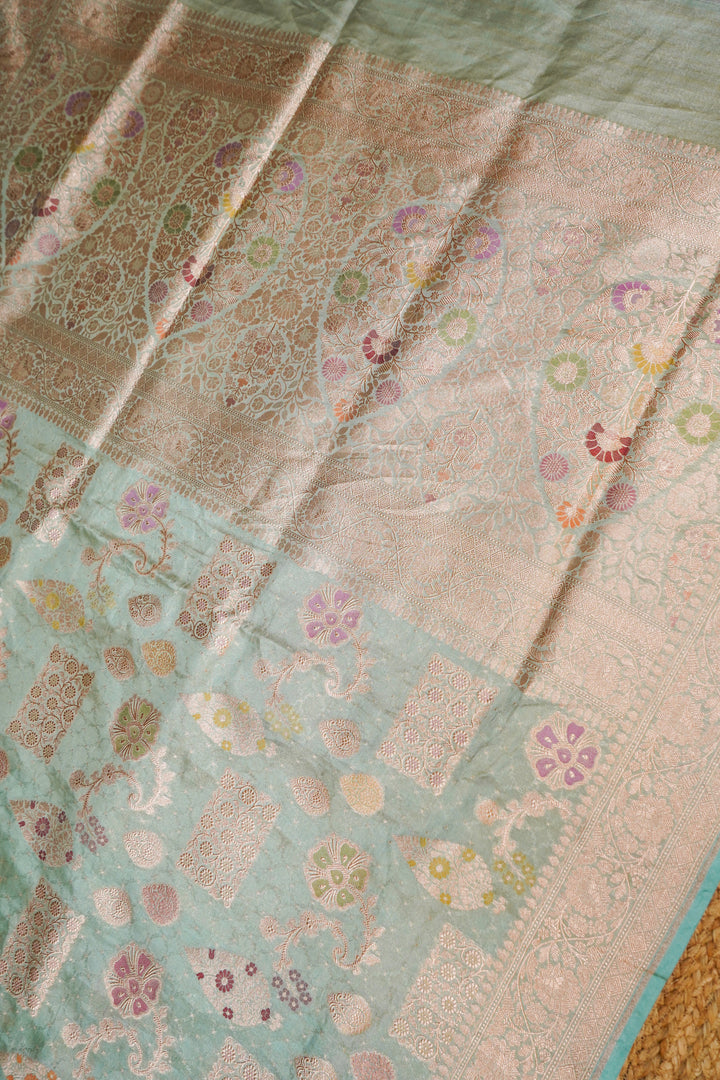 Handwoven Sea Green Pure Tissue Katan Silk Meenakari Jangla Saree