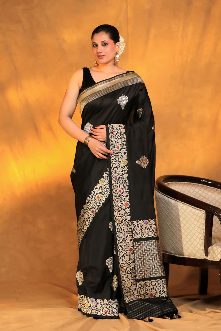 Handwoven Banarasi Black Pure Katan Silk Sona Rupa Meenakari Saree Front View 1