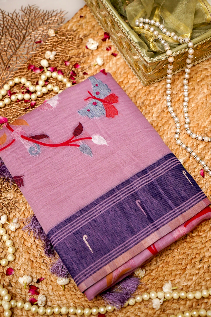 Charming Pink Cotton Silk Saree with Zari Bootidar Weave Jamdani Inspired Pallu View 1