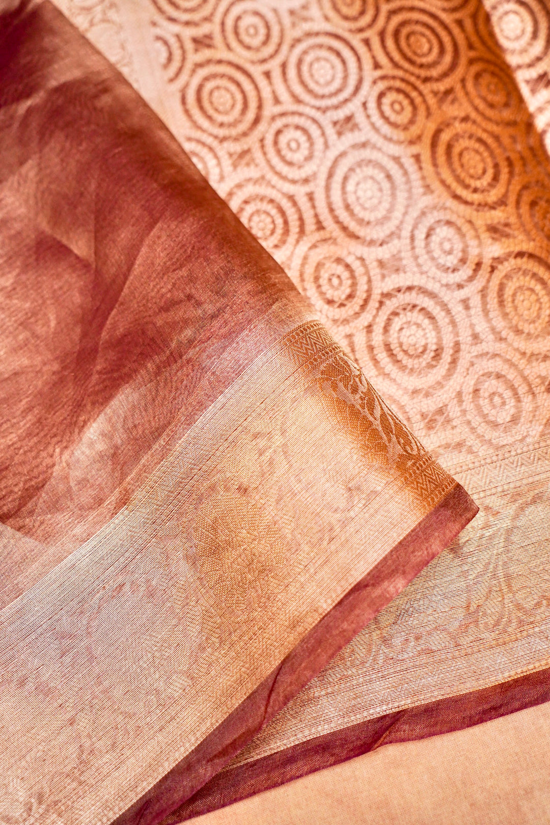 Opulent Shine Handwoven Copper Gold Tissue Silk Saree with Ornate Zari Border & Pallu