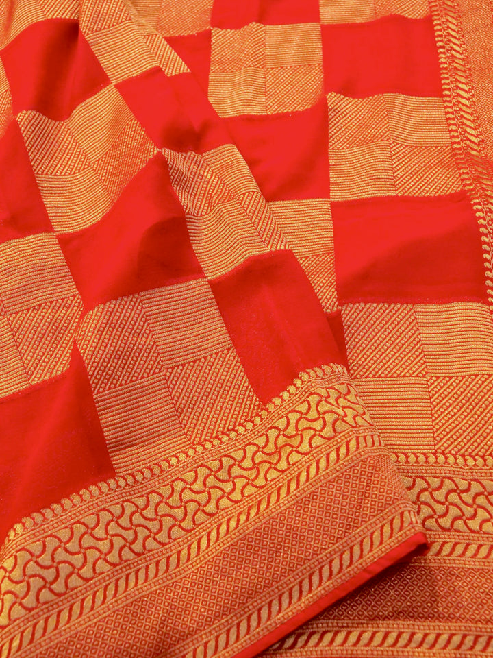 Vibrant Red Banarasi Khaddi Georgette Saree with Exquisite Zari Weave Checks