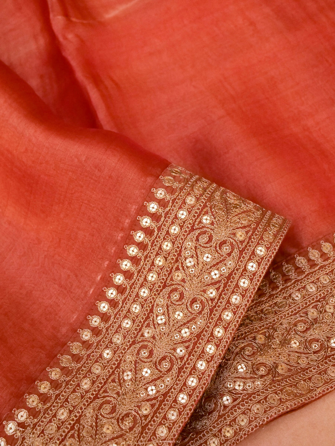 Peach Pure Crepe Silk Saree with Sabyasachi Inspired Border Heavy Embroidered Silk Blouse View 3
