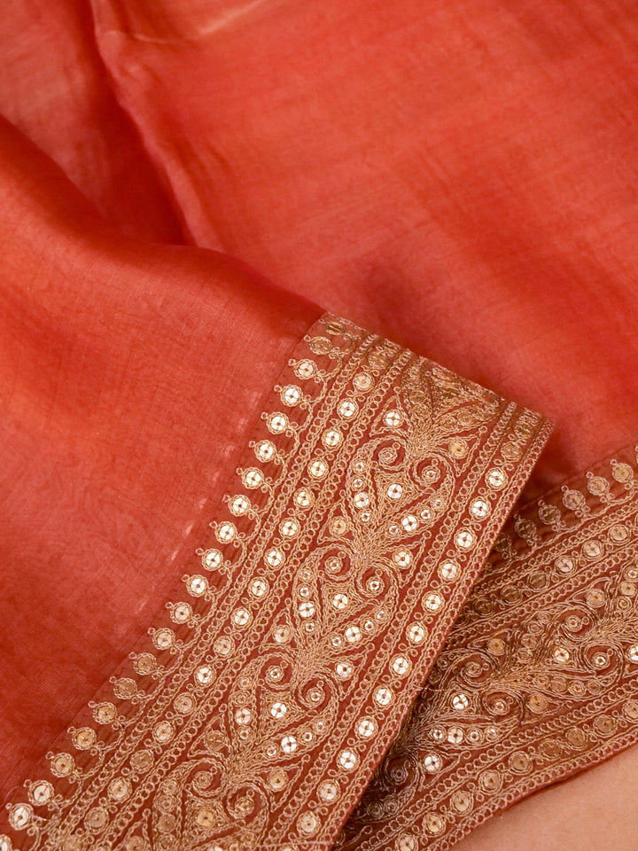 Peach Pure Crepe Silk Saree with Sabyasachi Inspired Border Heavy Embroidered Silk Blouse View 3