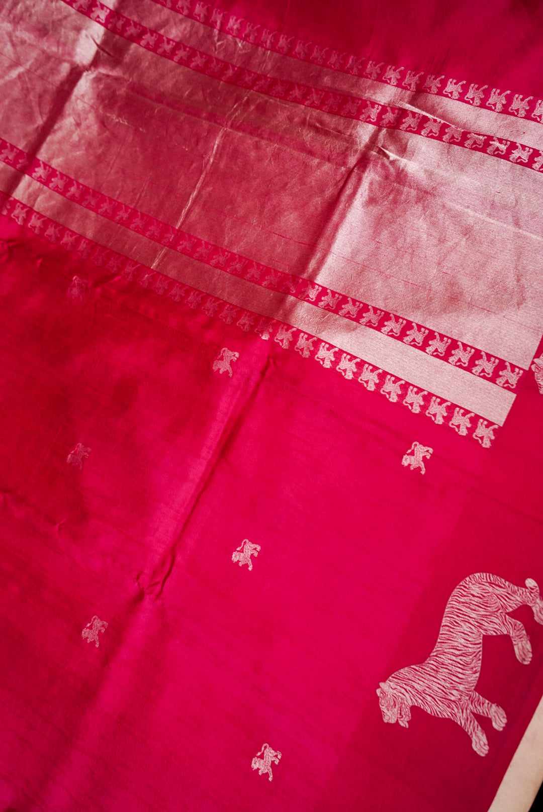 Elegant Pink Pure Katan Silk Saree with Tiger Motifs and Striped Weave Design