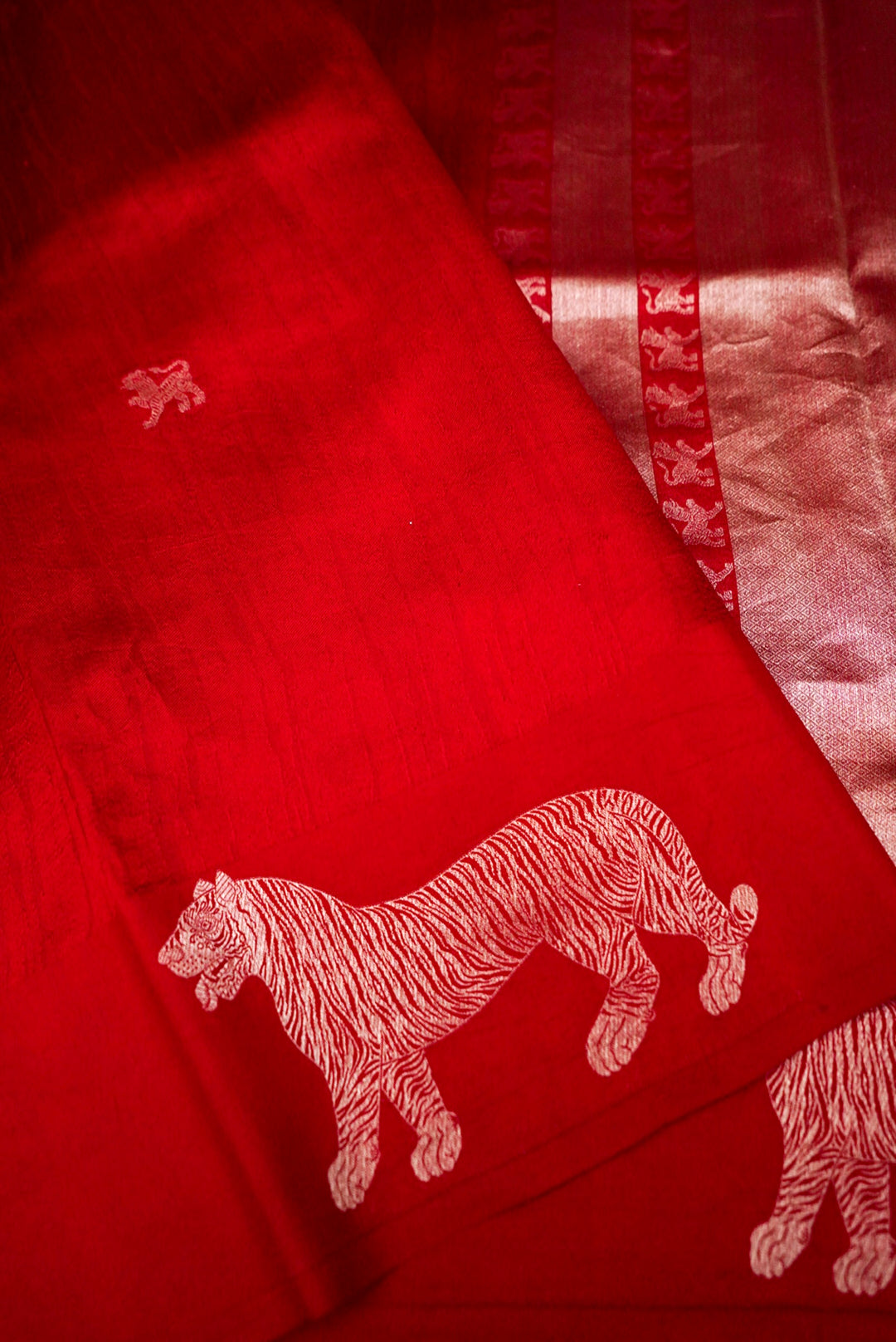 Regal Red Pure Katan Silk Saree with Tiger Motifs and Striped Weave Design