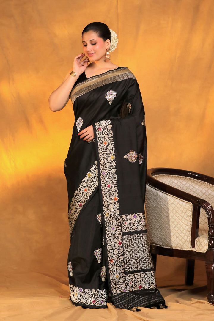 Handwoven Banarasi Black Pure Katan Silk Sona Rupa Meenakari Saree Front View 2