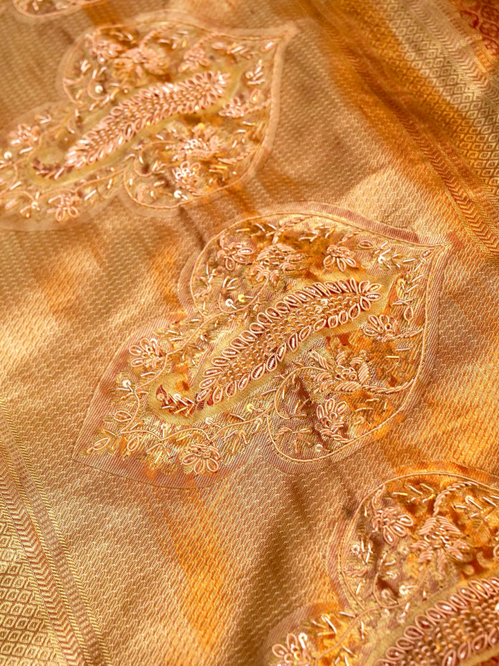Pure Kanjivaram Silk Saree with Meenakari Zardozi Hand Embroidery