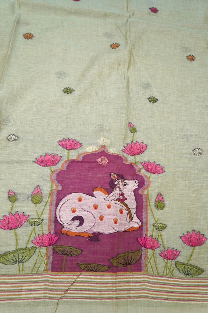 Elegant Pastel Green Pichwai Cotton Silk Suit Set