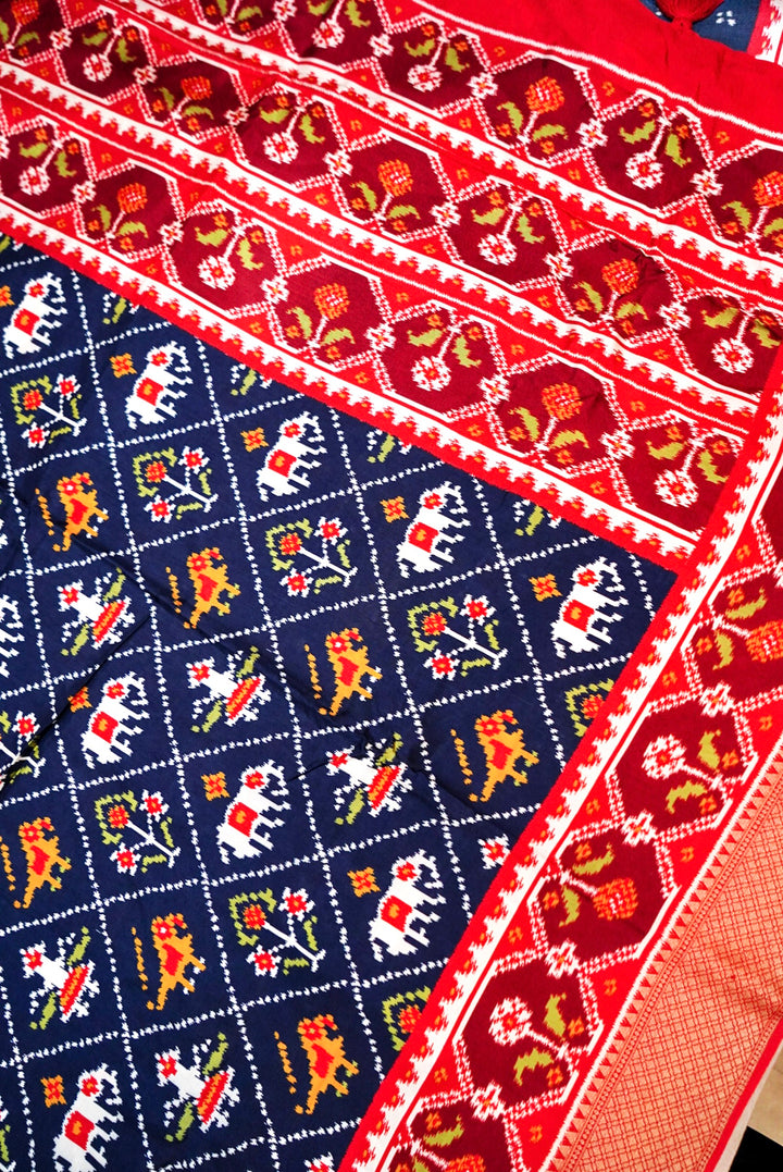 Navy Blue Patola Silk Saree with Zari Weave Contrast Border