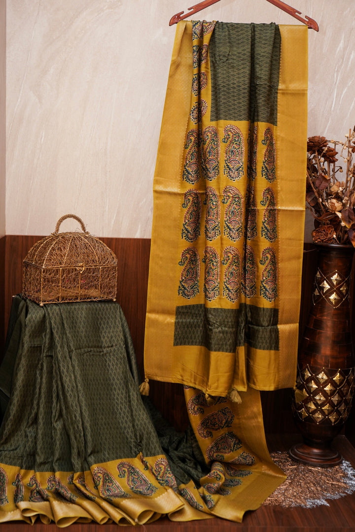 Green Crepe Silk Saree with Meenakari Carry Motif &amp; Yellow Contrast Border