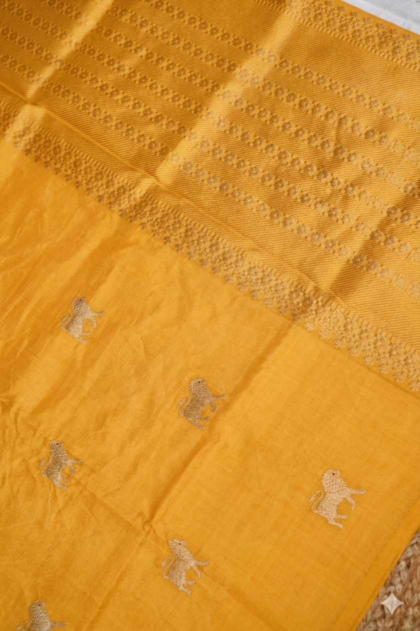 Radiant Yellow Handwoven Banarasi Pure Puna Silk Saree – Haldi Special with Zari Lion Motif