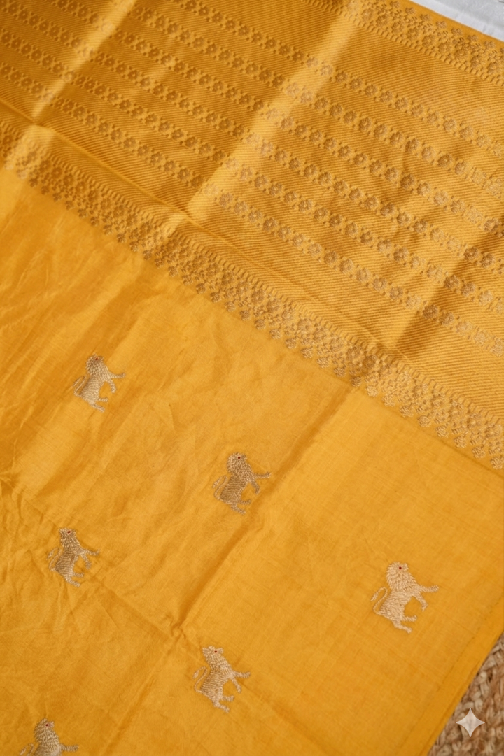 Radiant Yellow Handwoven Banarasi Pure Puna Silk Saree – Haldi Special with Zari Lion Motif