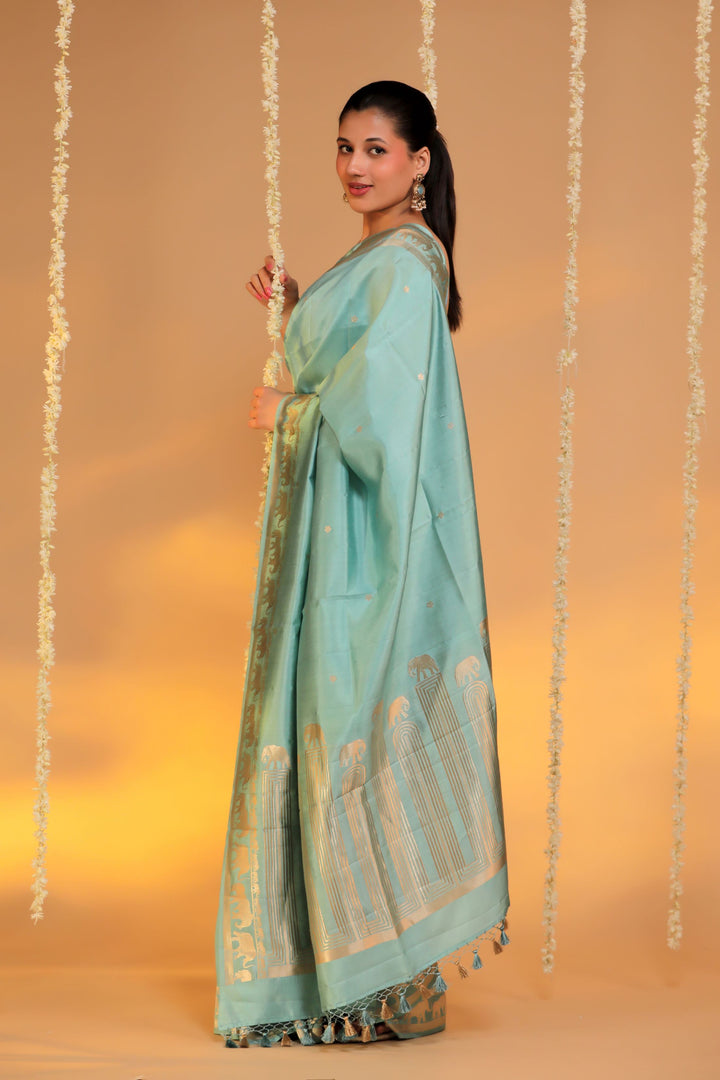 handwoven pastel green banarasi pure mashru silk elephant motif saree side view 2