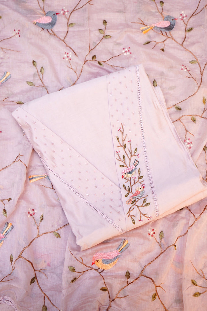 Lavender Chanderi Silk Suit Set with Thread Embroidery Work