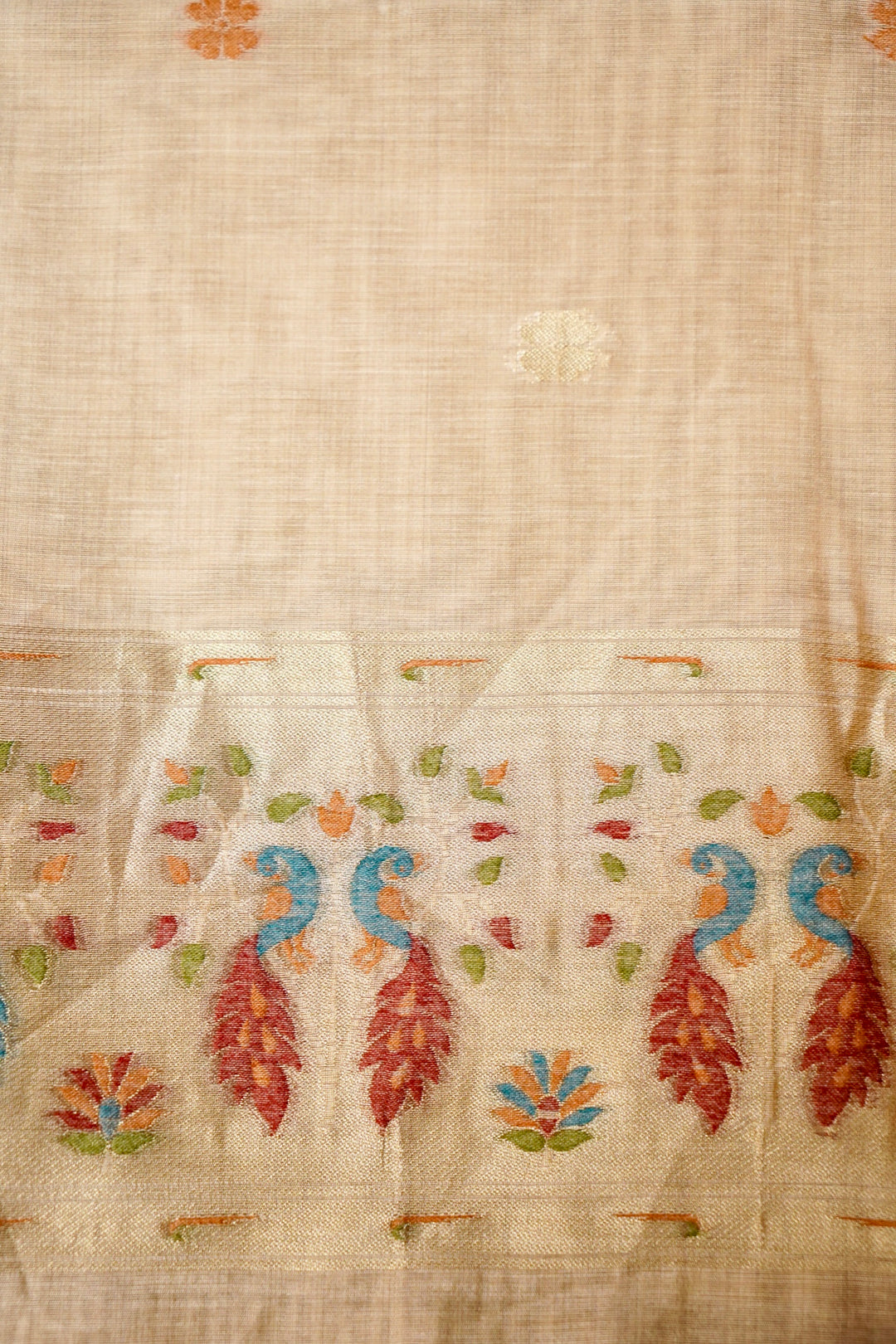 Beige Handwoven Cotton Unstitched Suit Set with Peacock Woven Dupatta