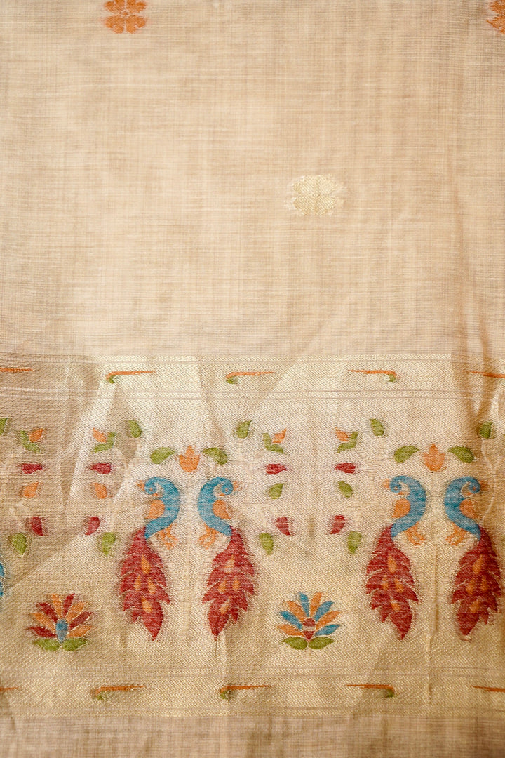 Beige Handwoven Cotton Unstitched Suit Set with Peacock Woven Dupatta