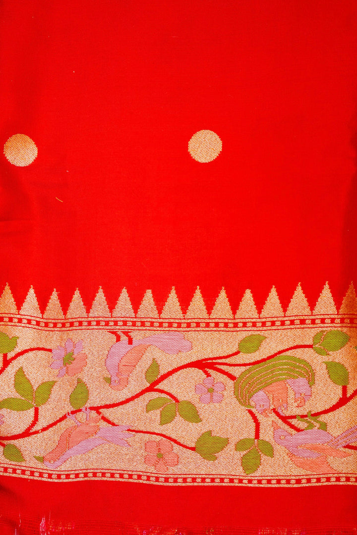 Handwoven Red Banarasi Pure Katan Silk Saree with Golden Zari Woven Animal & Bird Motifs