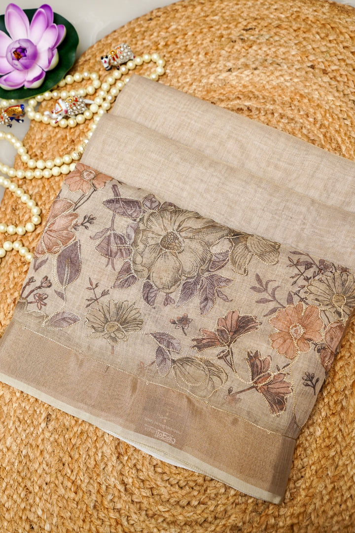 Off White Chanderi Tissue Saree with Aari Taari Embroidery Work