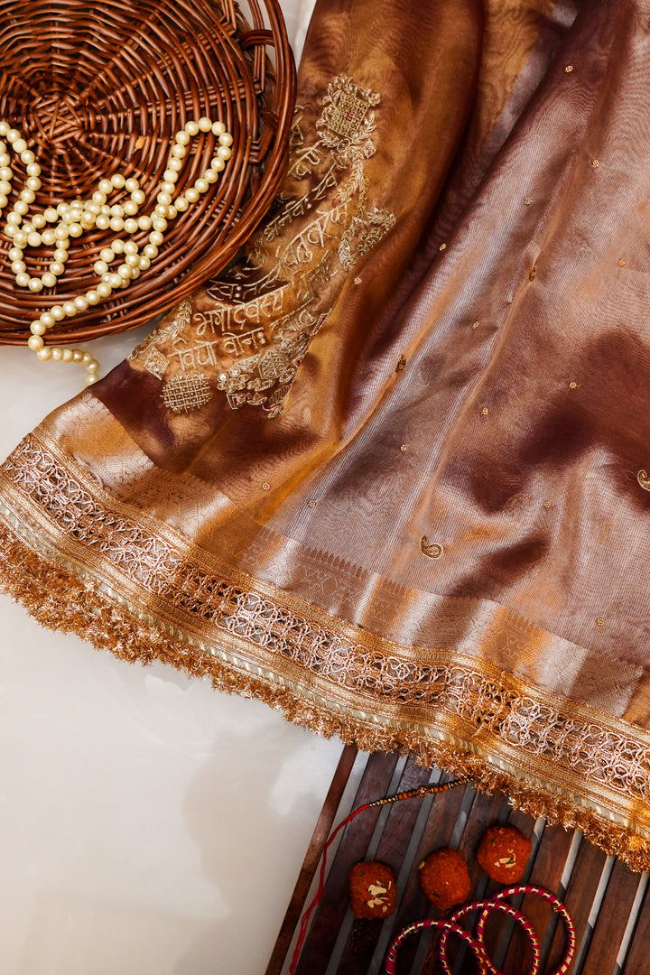 Copper Brown Banarasi Maharani Tissue Silk Saree with Gayatri Mantra Pallu & Scallop Border
