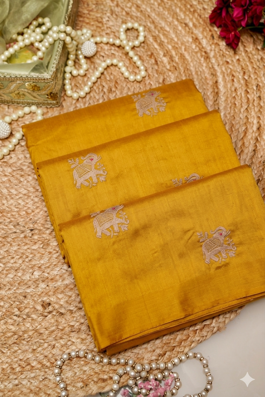 Auspicious Mustard Handwoven Banarasi Pure Puna Silk Saree for Haldi Ceremony with Zari Elephant Motifs