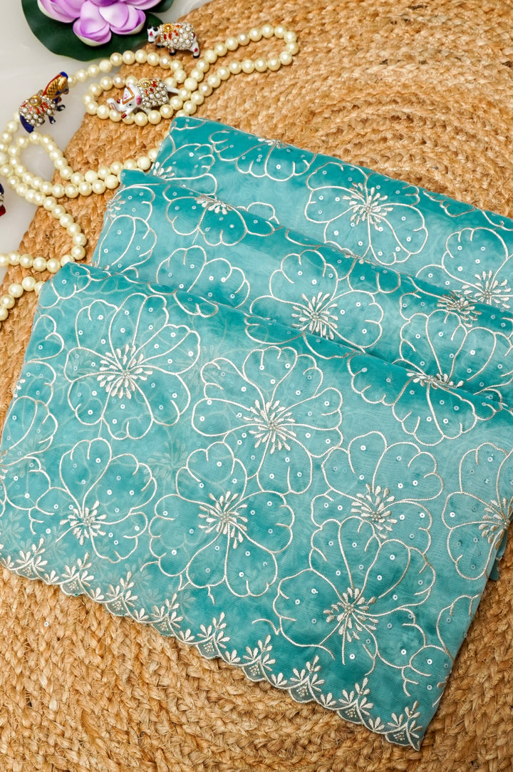 Aqua Blue Organza Tissue Saree with Resham & Pearl Embroidery with Tissue Blouse