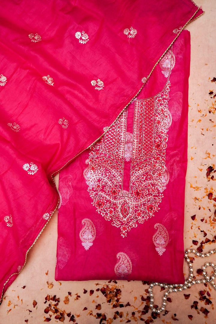 Pink Bridal Handloom Raw Silk Suit with Pitta Zari Embroidery