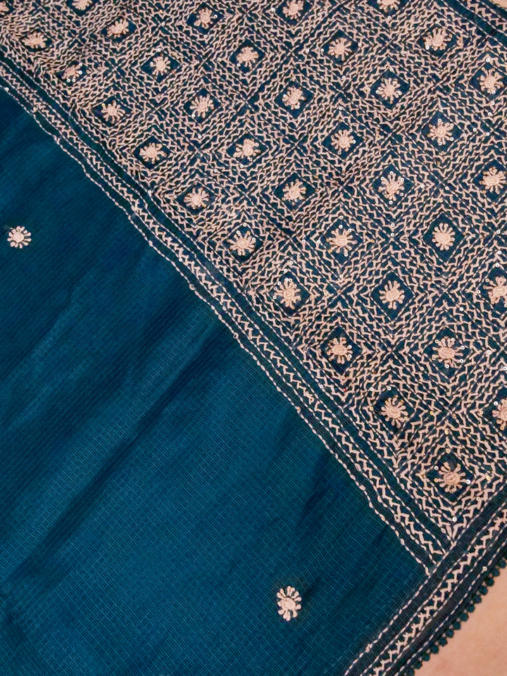 Teal Green Pure Kota Check Saree with Hand Kantha Embroidery View 2