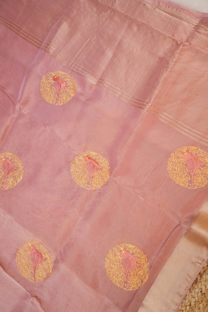 Pink Rose Gold Soft Tissue Saree Resham Bird Motifs &amp; Woven Border