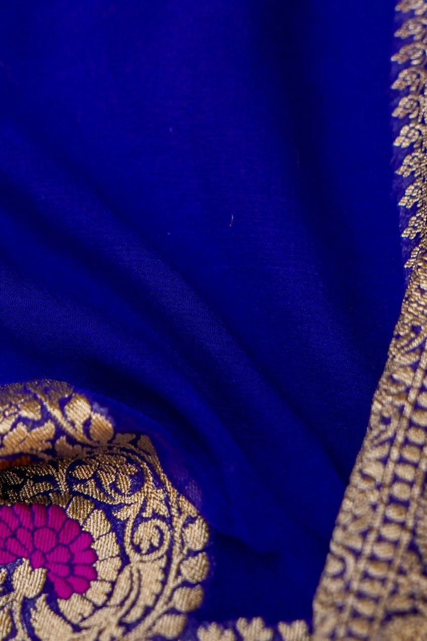 Royal Blue Banarasi Khaddi Chiffon Konia Pallu Meenakari Saree View 7