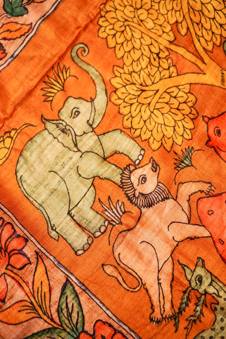 Bright Red Tussar Silk Saree with Kalamkari Floral Print