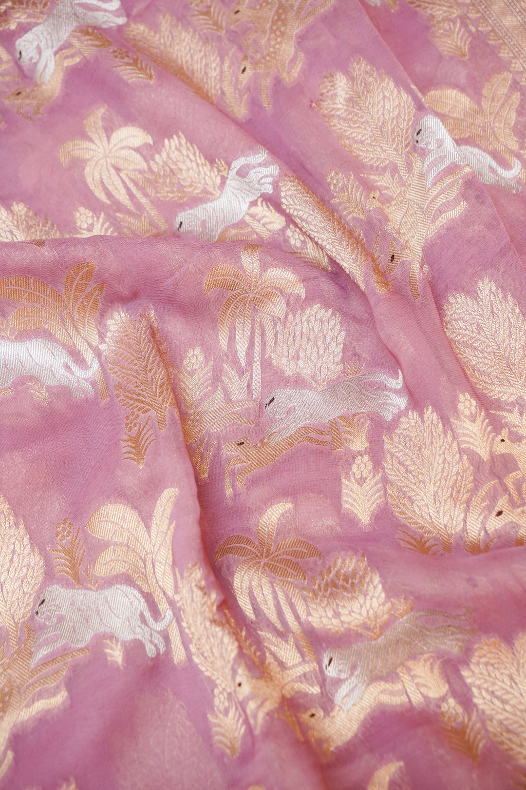Lavender Pure Georgette Shikargah Saree with Zari Weave Animal Motifs
