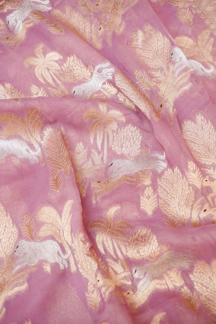 Lavender Pure Georgette Shikargah Saree with Zari Weave Animal Motifs