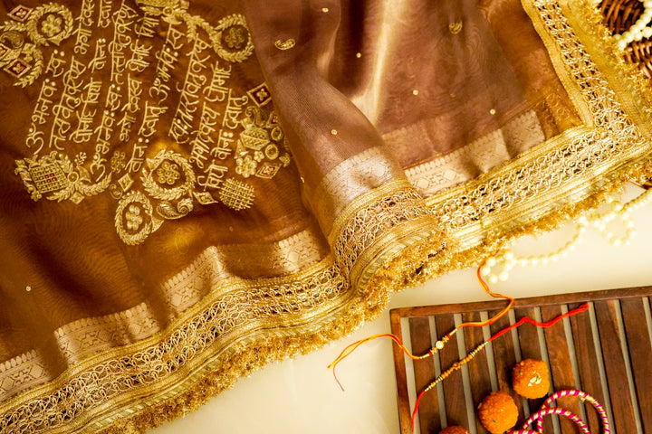 Copper Brown Banarasi Maharani Tissue Silk Saree with Gayatri Mantra Pallu & Scallop Border