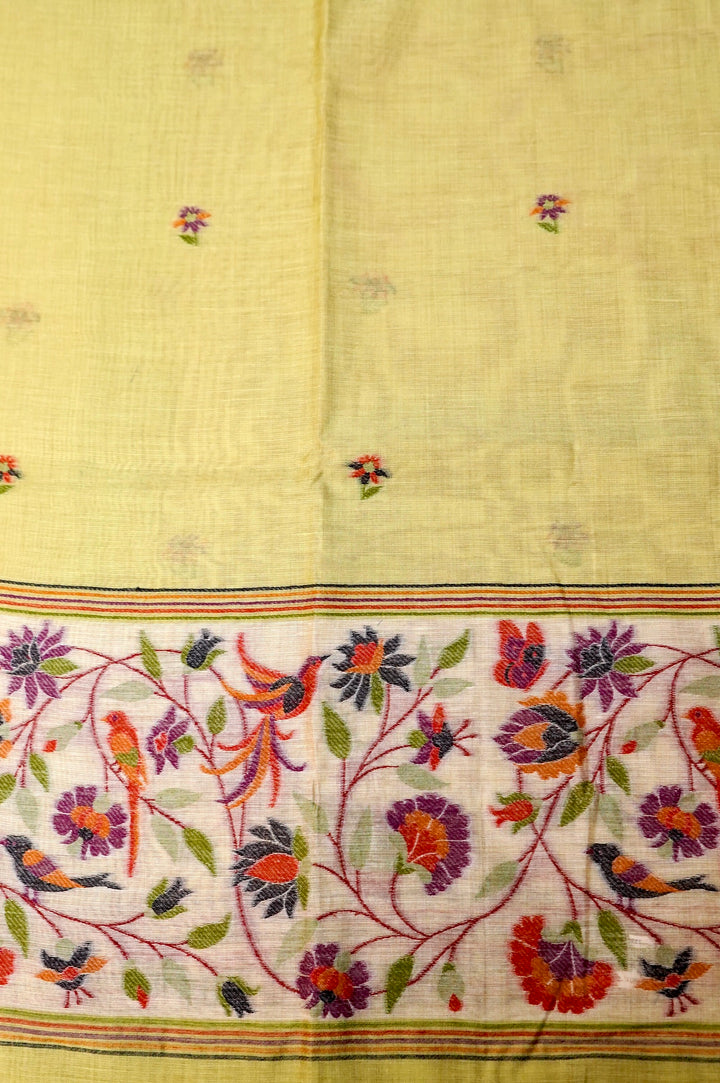 Lemon Yellow Handwoven Linen Unstitched Suit Set with Multicolor Floral &amp; Bird Embroidery