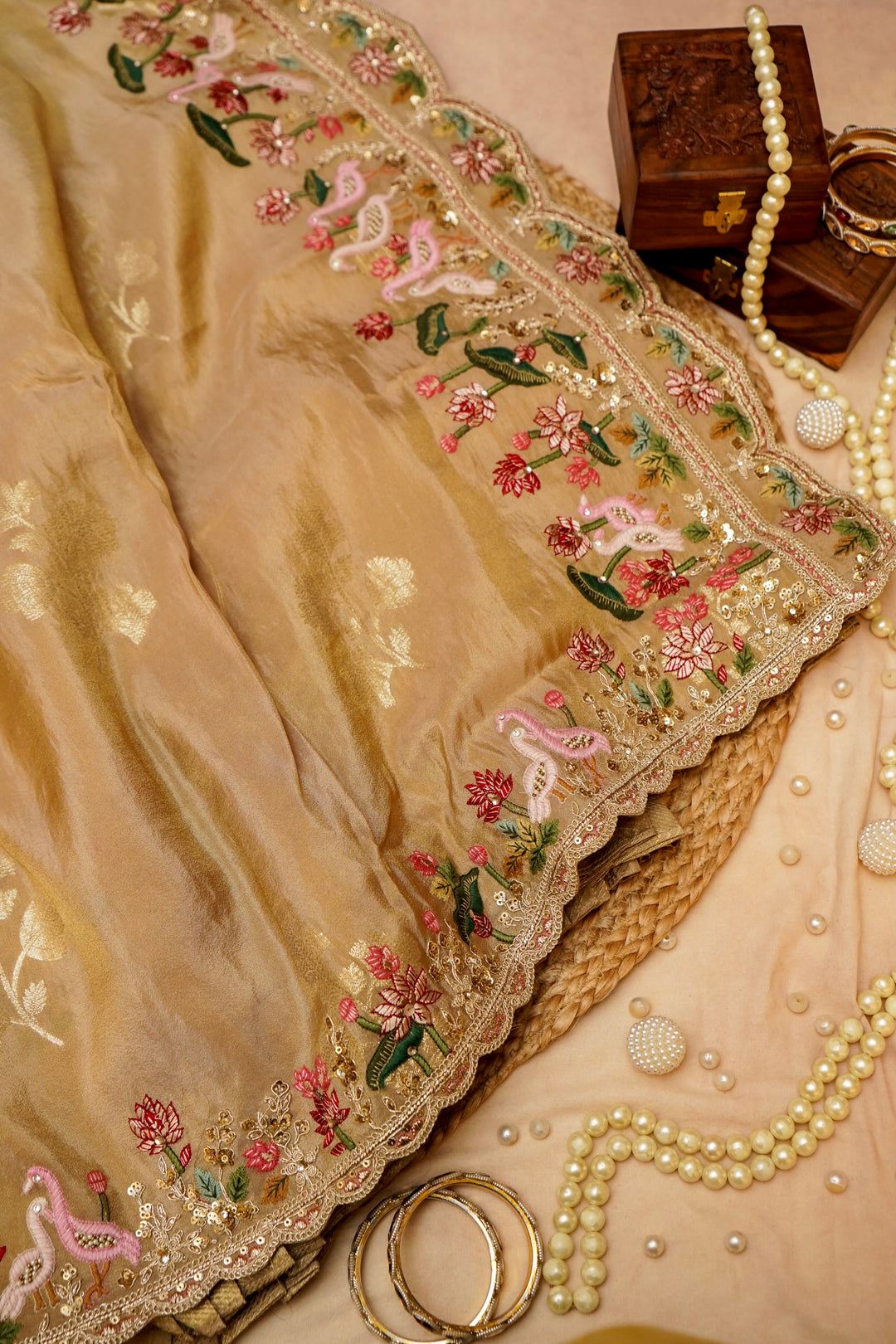 Beige Gold Lehenga Pattern Half Half Tissue Silk Meenakari Embroidery Saree View 1