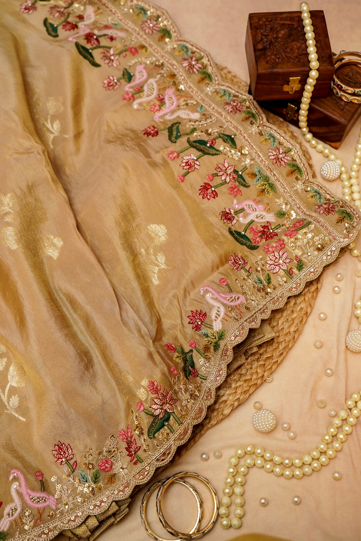 Beige Gold Lehenga Pattern Half Half Tissue Silk Meenakari Embroidery Saree View 1