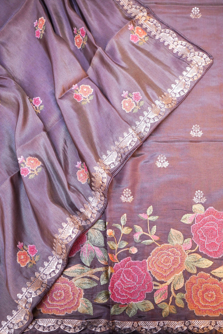 Dark Mauve Crepe Tissue Silk Suit Set with Pitta Zari and embroidery Work