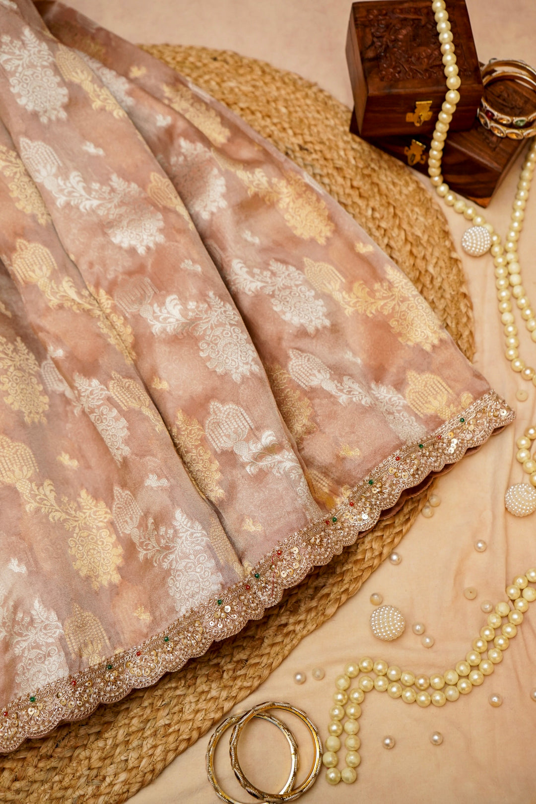 Rose Gold Sona Rupa Glow Designer Tissue Silk Embroidery Saree View 1