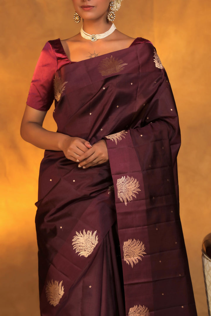 handwoven wine banarasi pure mashru silk leopard motif saree front close view