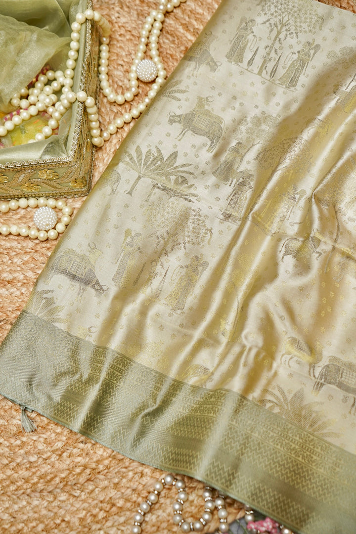 Elegant Beige Handwoven Pure Banarasi Tanchoi Silk Saree