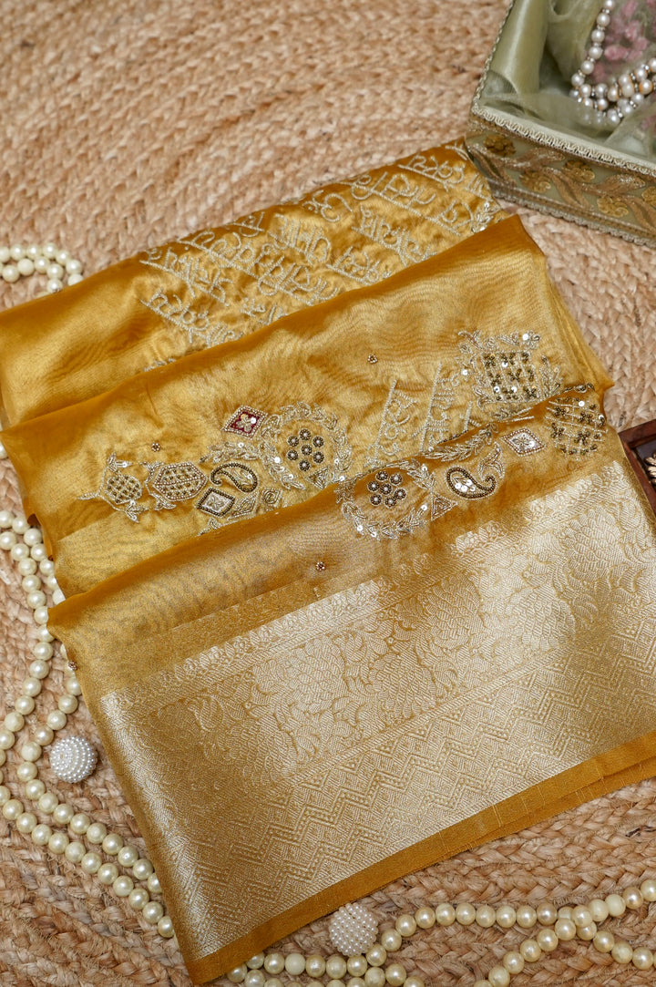 Opulent Golden Maharani Tissue Silk Saree with Gayatri Mantra &amp; Baraat Inspired Pallu
