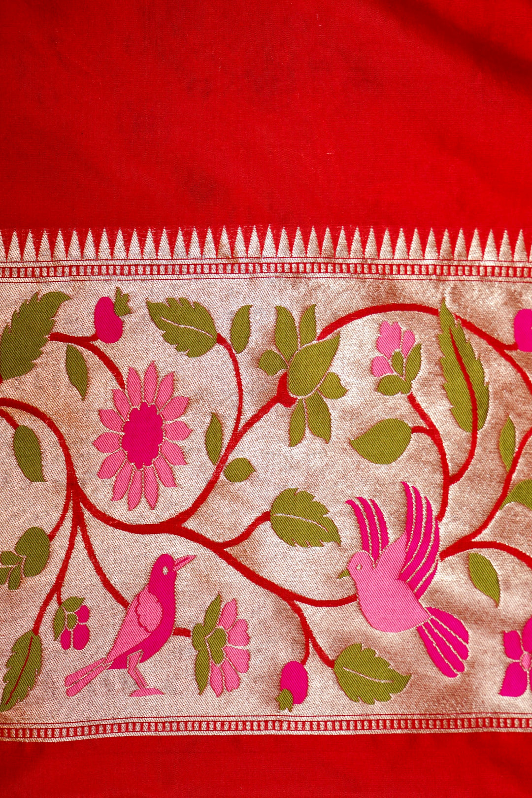 Red Pure Banarasi Handloom Katan Silk Kimkhwab Meenakari Birds Motif Saree
