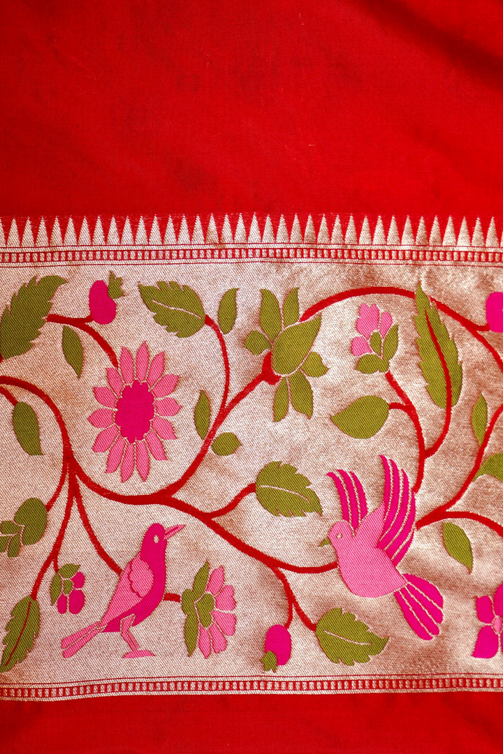 Red Pure Banarasi Handloom Katan Silk Kimkhwab Meenakari Birds Motif Saree