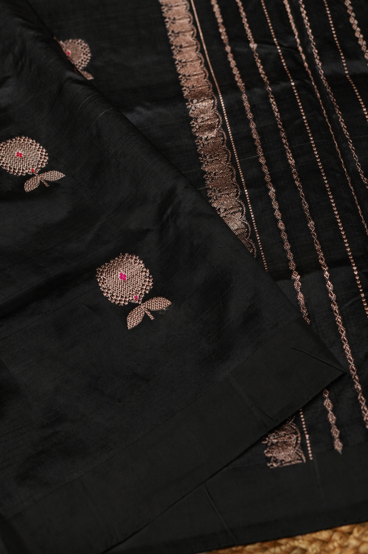 Handwoven Black Banarasi Pure Puna Silk Saree with Meenakari Booti
