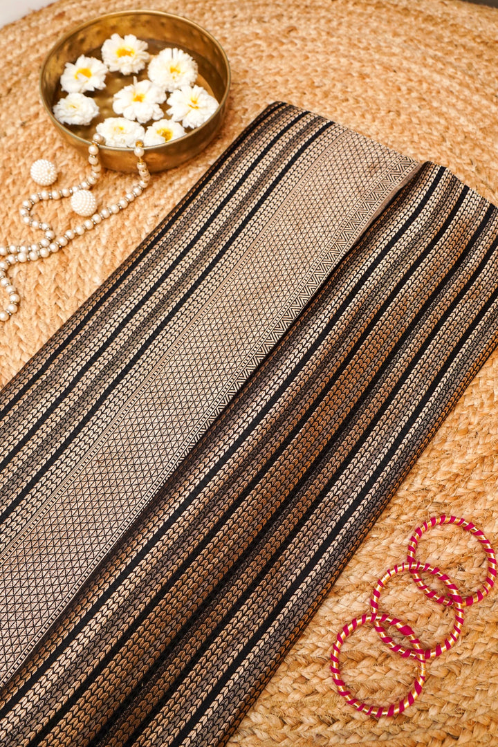 Black Banarasi Handloom Pure Katan Silk Contemporary Saree with Zari Stripe
