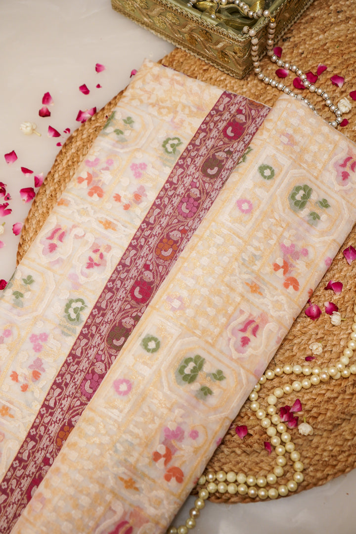Royal Handwoven Banarasi Avadhi Jamdani Pure Kora Silk Saree with Meenakari Weaving View 1