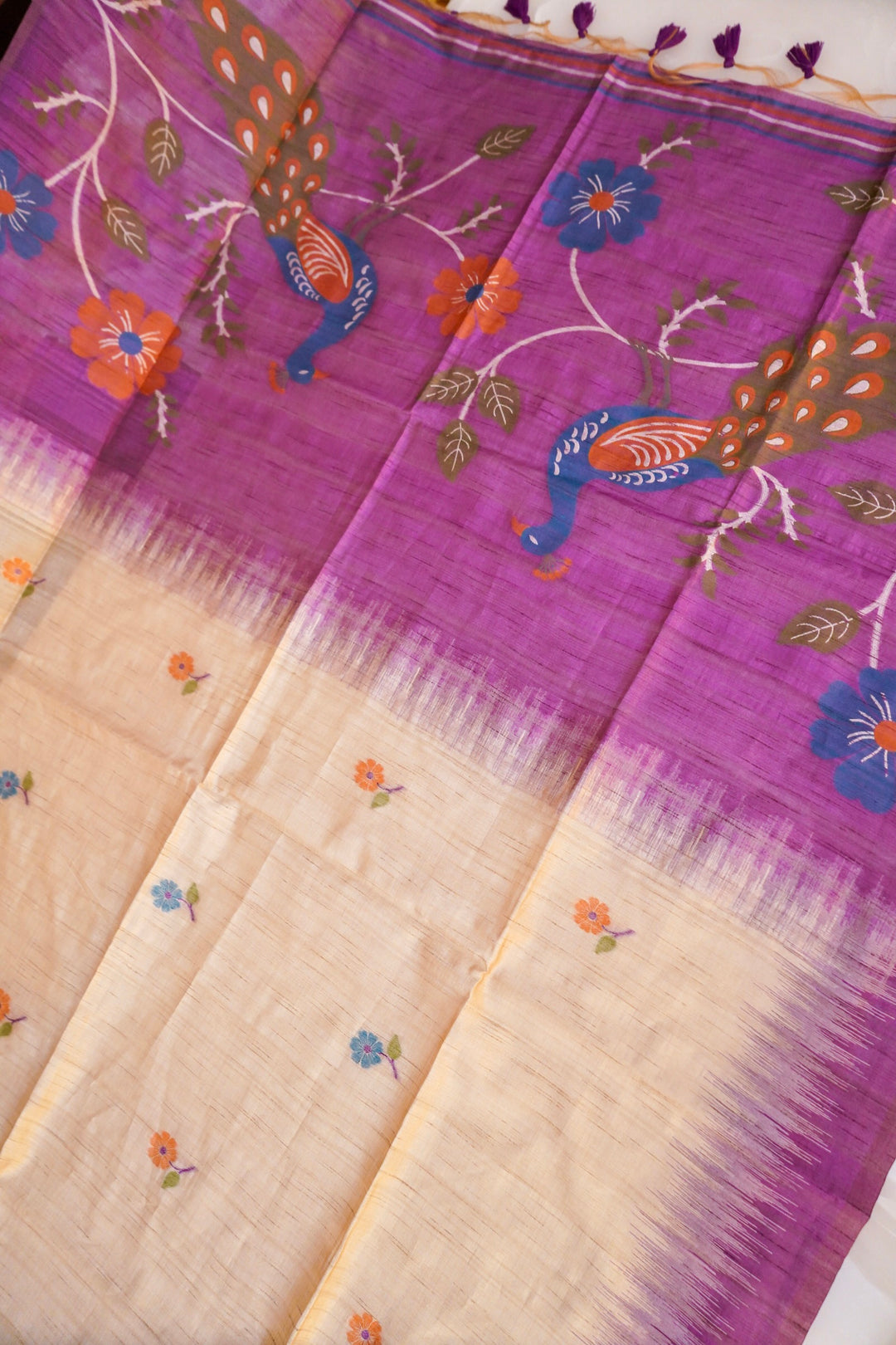 Cream Tussar Silk Saree with Meenakari Bootidar &amp; Purple Peacock Motif Pallu