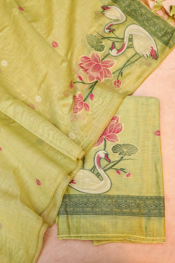 Pale Olive Green Cotton Silk Suit Set with Resham Embroidery