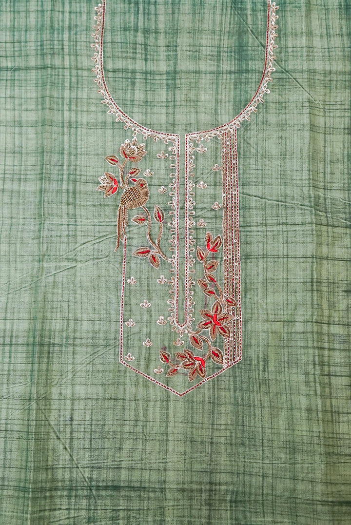 Sage Green Pure Banarasi Chanderi Silk Suit with Zardozi Embroidery and Leheriya Kota Dupatta