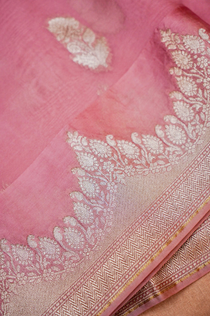 Charming Pink Banarasi Kora Silk Saree Handwoven Bootidar Design with Leheriya Border